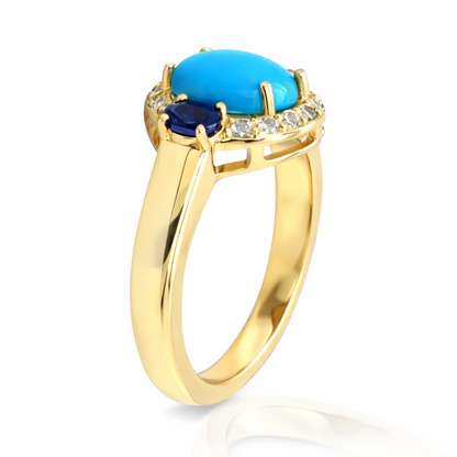 Gold Plated Sleeping Beauty Turq, Ceylon Sapphire & White Zircon Halo Ring