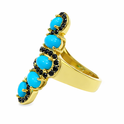 Gold Plated Sleeping Beauty Turq & Black Spinel Wrap Wave Ring