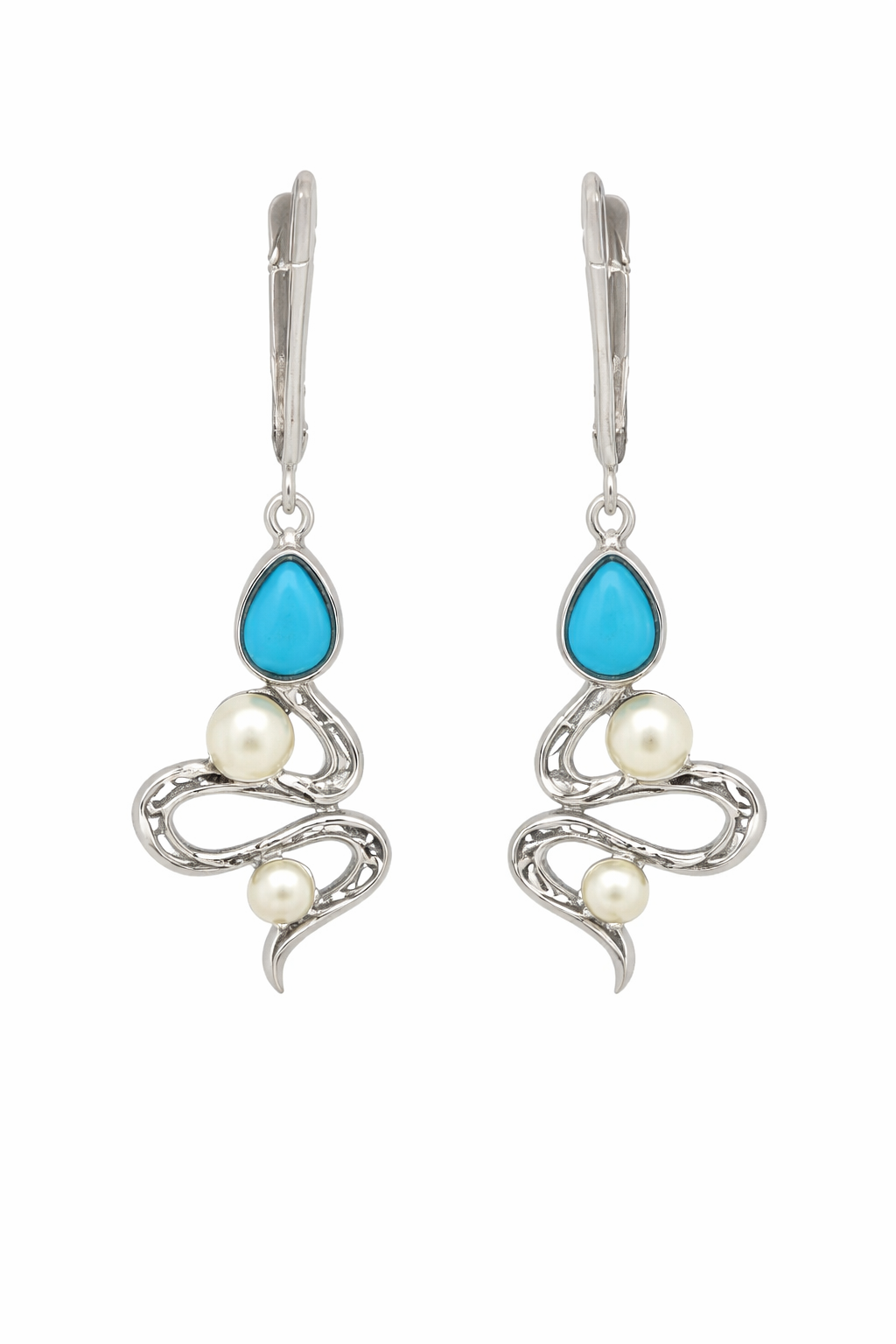 Sterling Silver Sleeping Beauty Turquoise & Pearl Snake Drop Earrings