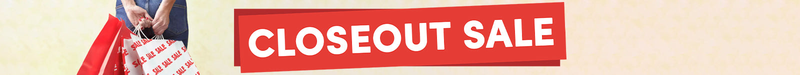 Closeout sale banner with a red label on a beige background
