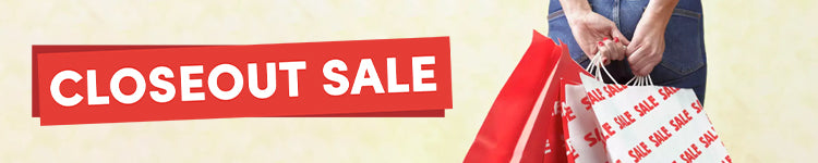 Person holding shopping bags with 'SALE' text against a beige background with a 'CLOSEOUT SALE' sign.
