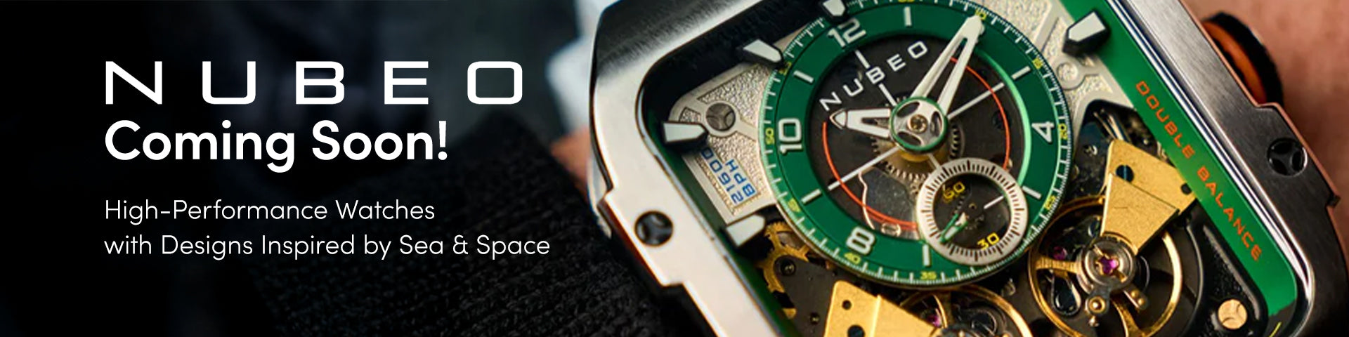 Nubeo high-performance watch with sea and space design inspiration, featuring a green and silver color scheme. Words "Coming Soon!" on the banner.