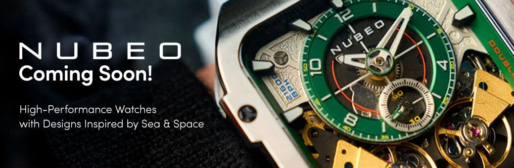 Nubeo watch with green face and gold accents, text 'Coming Soon!' and 'High-Performance Watches with Designs Inspired by Sea & Space' displayed.