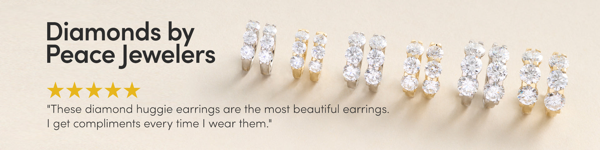 Diamond huggie earrings displayed on a beige background with text about Peace Jewelers.