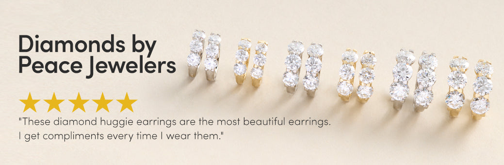 Diamond huggie earrings displayed with a five-star rating and customer review on a beige background.
