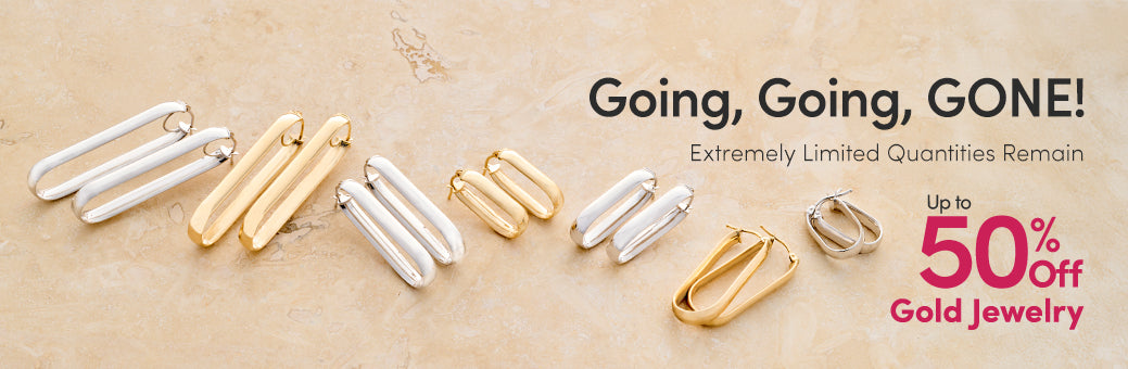 Gold jewelry on a beige background speaking to up to 50% off last chance gold jewelry styles.