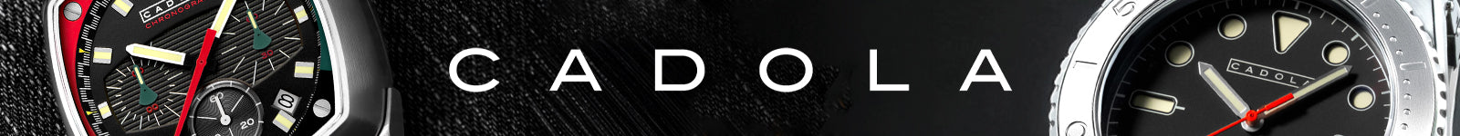 Two watches displayed side by side with the brand name 'CADOLA' below them on a dark background.