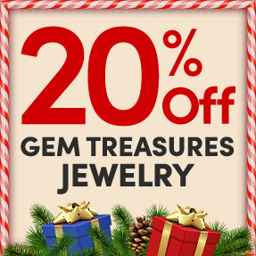 Promotional sign for 20% off Gem Treasures Jewelry with Christmas-themed decorations.
