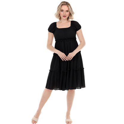 White Mark Women's Pleated Tiered Puff Sleeve Midi Dress