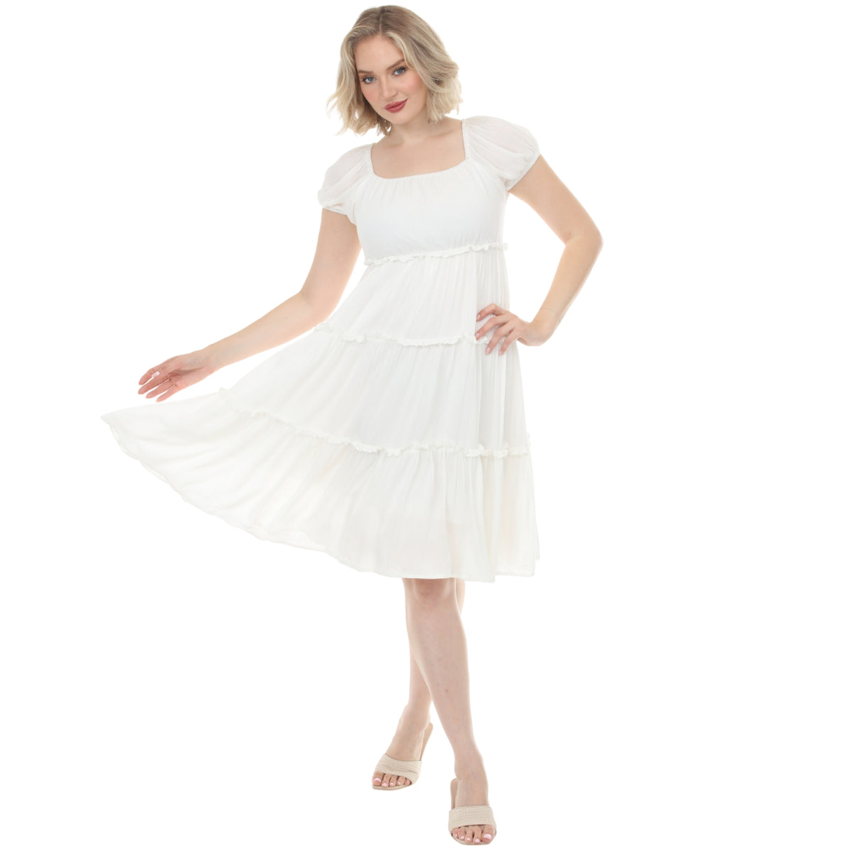 White Mark Women's Pleated Tiered Puff Sleeve Midi Dress