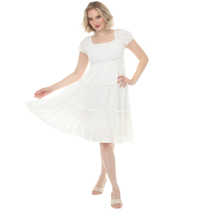 White Mark Women's Pleated Tiered Puff Sleeve Midi Dress