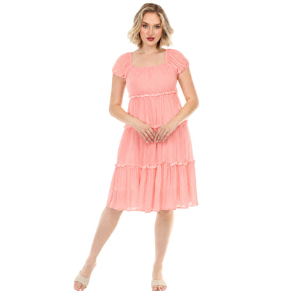White Mark Women's Pleated Tiered Puff Sleeve Midi Dress