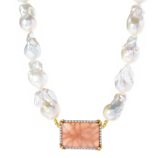 18K Gold Plated Peach Moonstone & Baroque Pearl Necklace