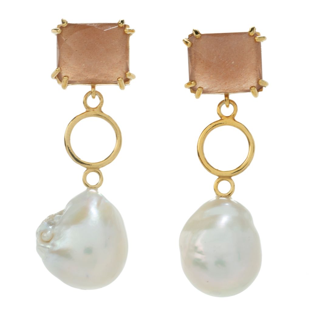 18K Gold Plated Peach Moonstone & Baroque Cultured Pearl Earrings