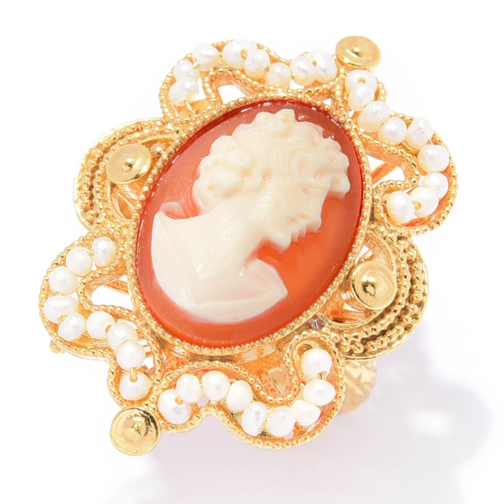 Cameo Italiano "Victoria" 18x13mm Portrait Cameo & Cultured Pearl Milgrain Ring