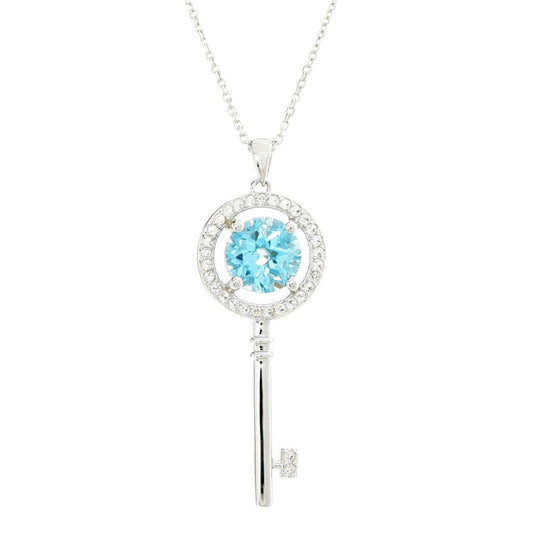 10mm Round Blue Topaz Key Pendant w/ 18" Cable Link Chain