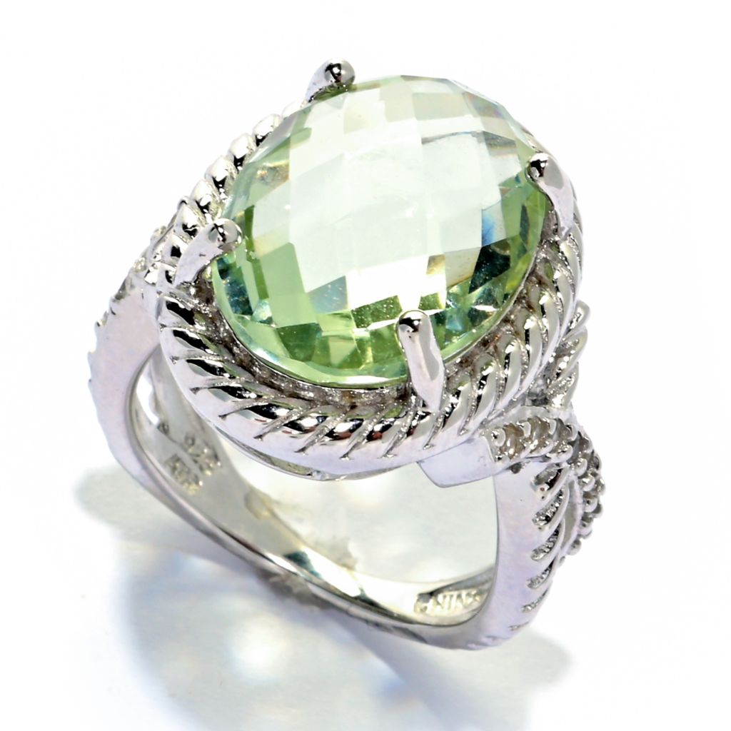 Sterling Silver 16x12mm Checkerboard Cut Prasiolite & White Topaz Ring
