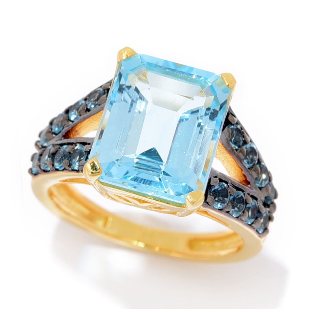 18K Gold Plated 11x9mm Octagon Blue Topaz Split Shank Ring