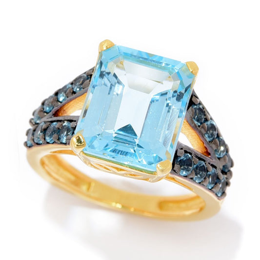 18K Gold Plated 11x9mm Octagon Blue Topaz Split Shank Ring