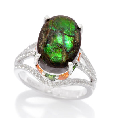 Gem Treasures 14x10mm Ammolite & Multi Gemstone High Set Ring