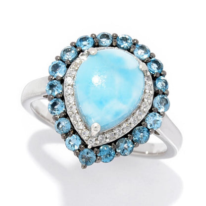 Gem Treasures Choice of Shape Larimar & Gemstone Double Halo Ring