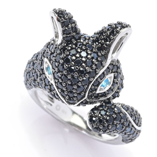 Platinum Plated Black Spinel Pave Bunny Rabbit Ring
