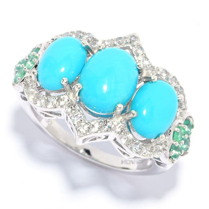 Gem Treasures Sleeping Beauty Turquoise, Emerald & White Zircon Ring