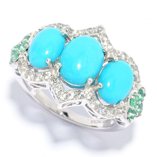 Gem Treasures Sleeping Beauty Turquoise, Emerald & White Zircon Ring