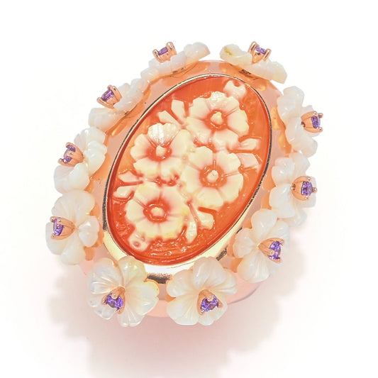 Cameo Italiano "Mucha" Flowers Shell Cameo, Mother-of-Pearl & Simulated Gem Ring