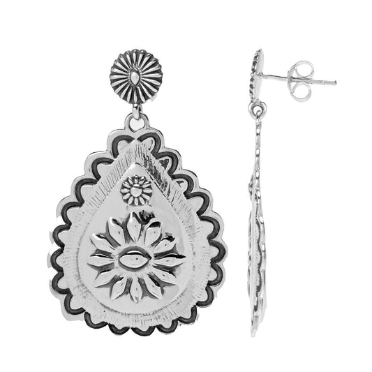 Southwest Elements Sterling Silver Concho Drop Earrings 1.65"