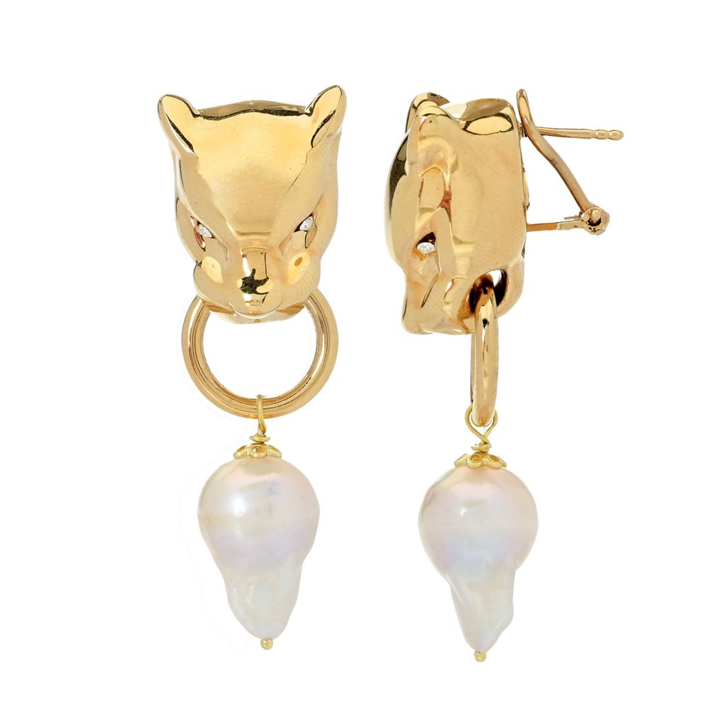 Graziella 23K Gold Plated Simulated Diamond & Baroque Pearl Panther Earrings