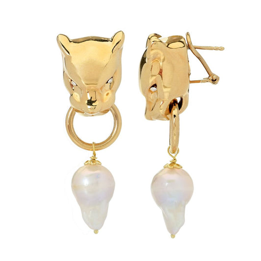 Graziella 23K Gold Plated Simulated Diamond & Baroque Pearl Panther Earrings