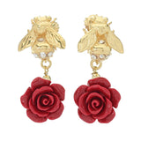 Graziella 23K Gold Plated Bee & Choice of Color Resin Rose Drop Earrings