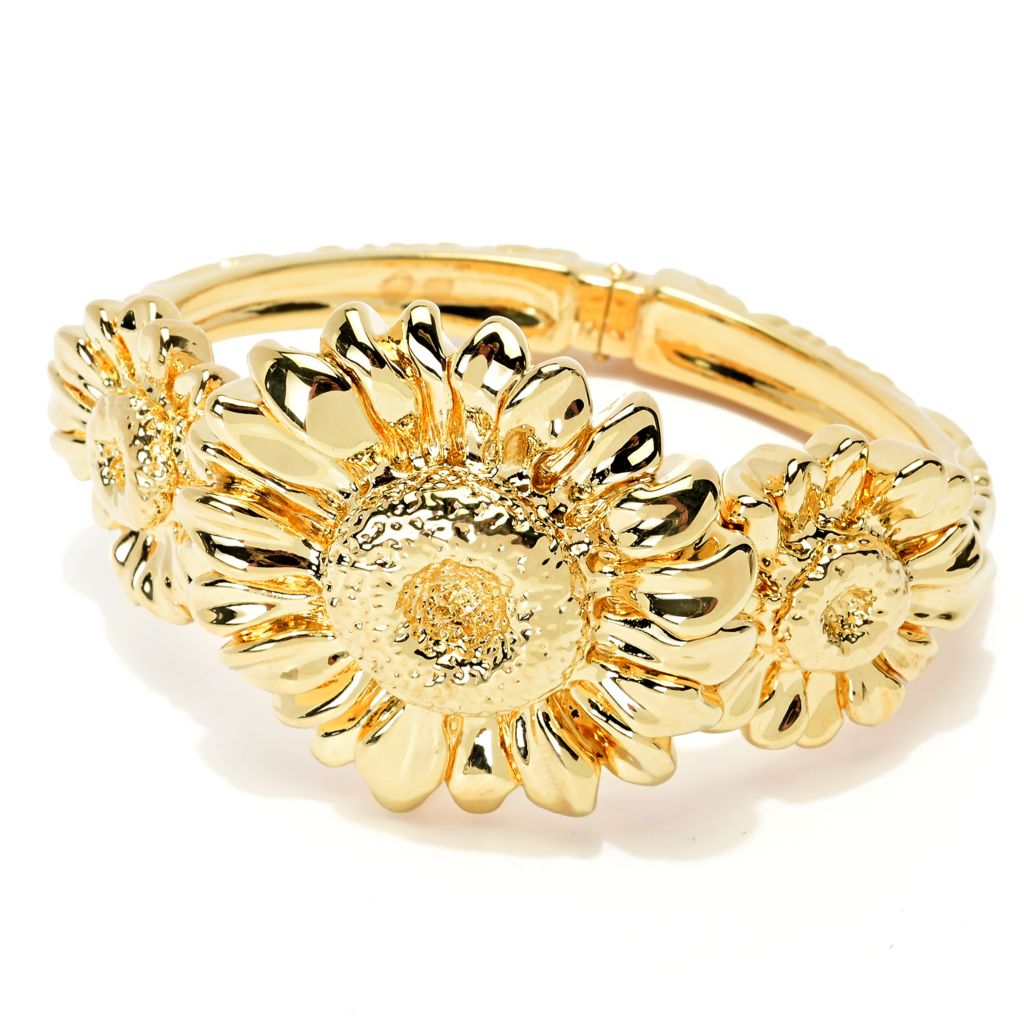 Graziella 23K Gold Plated Electroform Sunflower Hinged Cuff Bracelet
