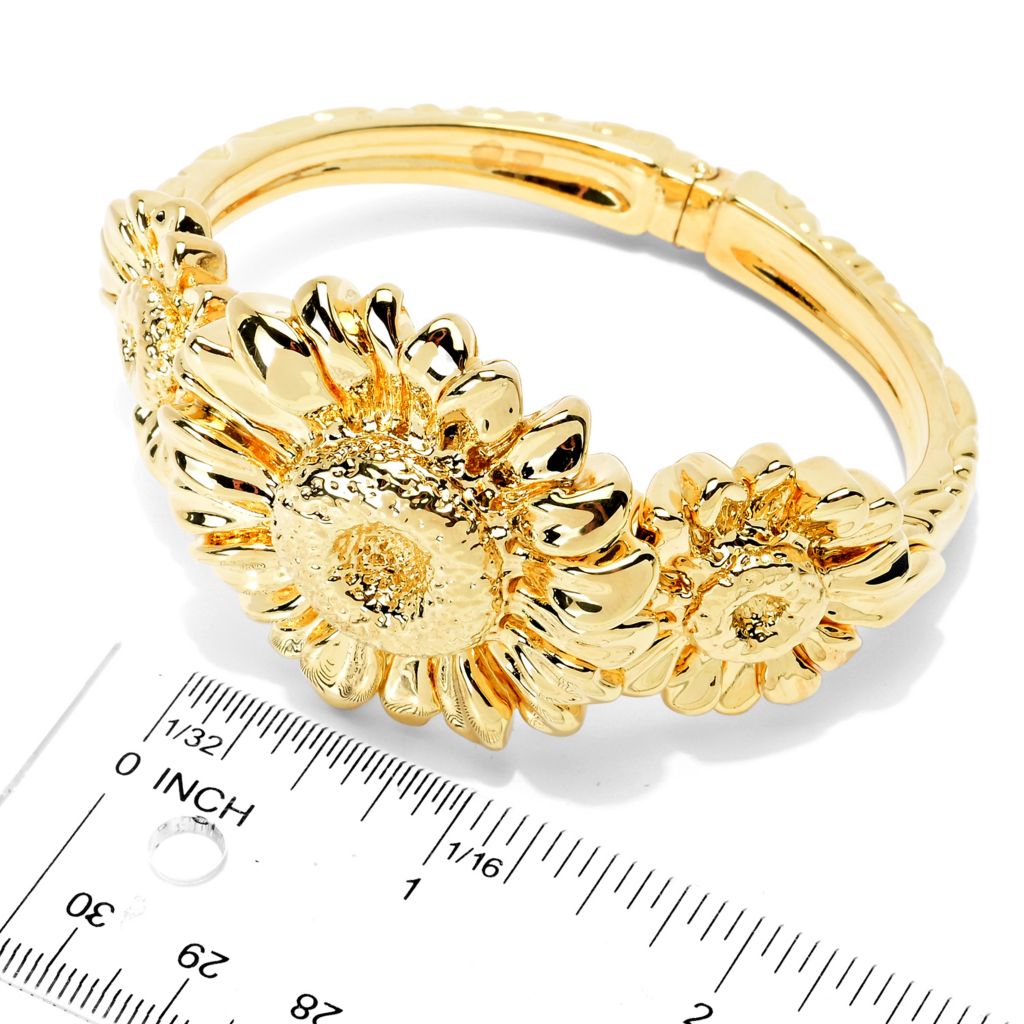 Graziella 23K Gold Plated Electroform Sunflower Hinged Cuff Bracelet