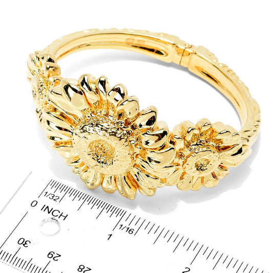 Graziella 23K Gold Plated Electroform Sunflower Hinged Cuff Bracelet