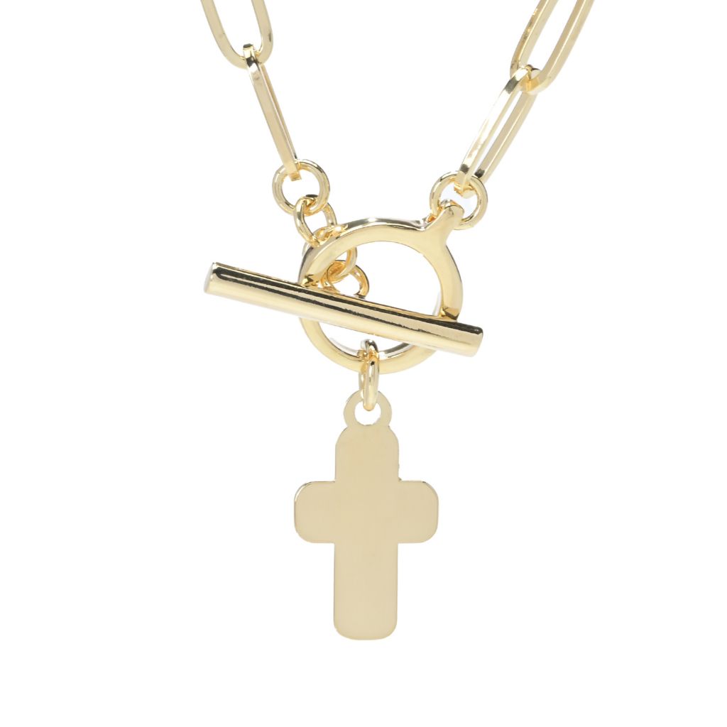 Toscana Italiana 18K Gold Plated Cross Charm Paperclip Toggle Necklace