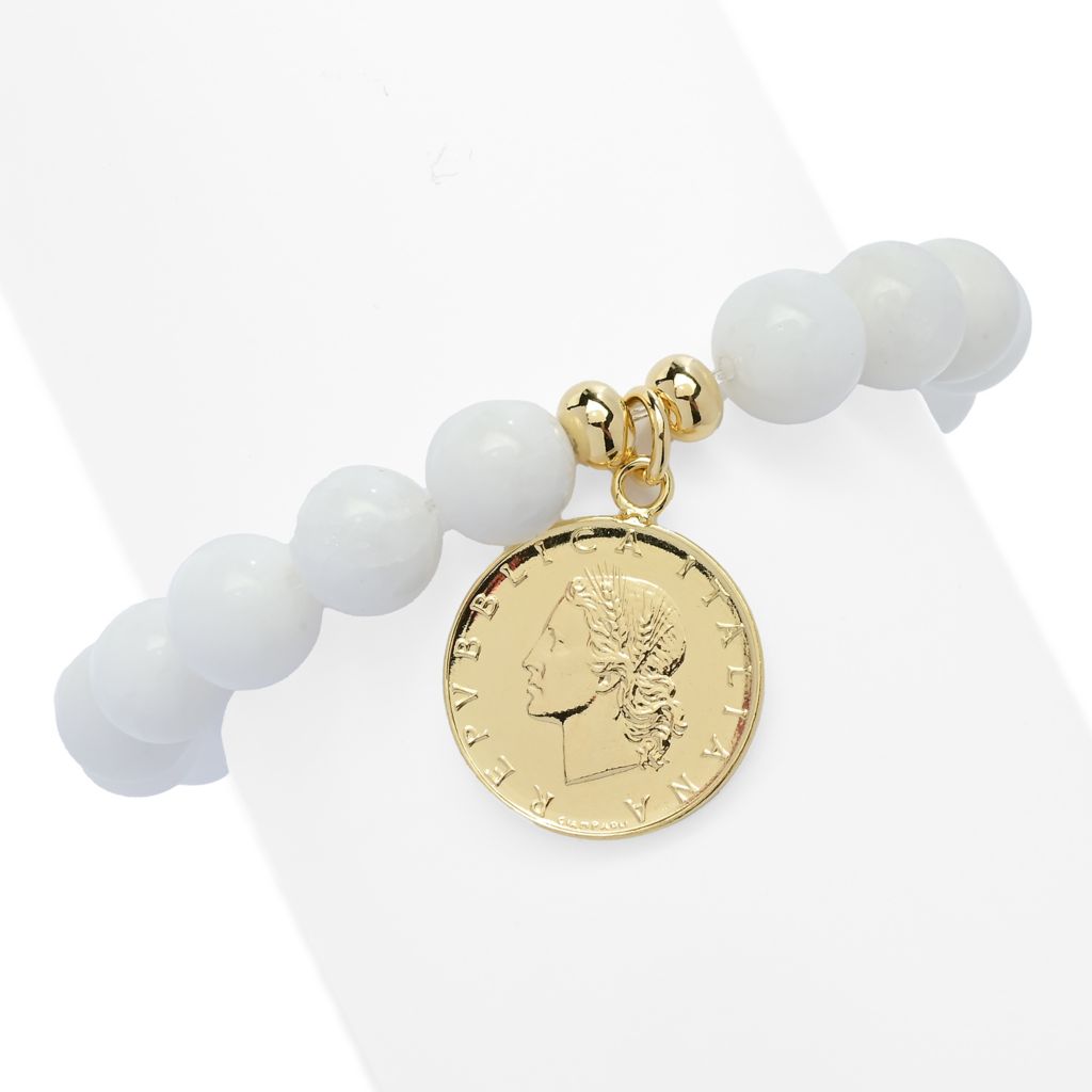 Toscana Italiana 18K Gold Plated 10m Bead Gem & Genuine 20 Lire Stretch Bracelet