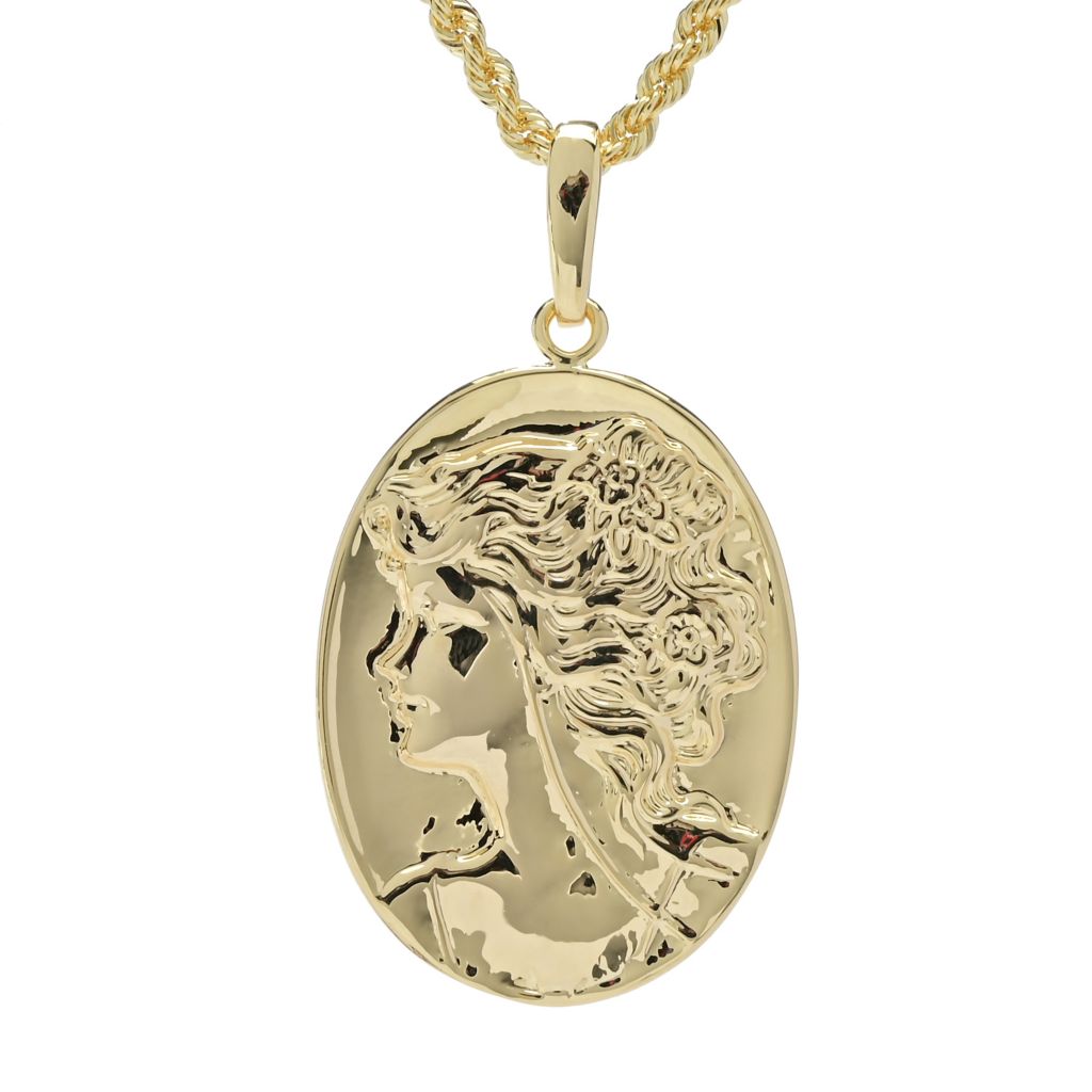 Toscana Italiana 18K Gold Plated Polished Cameo Portrait Pendant w/ Chain
