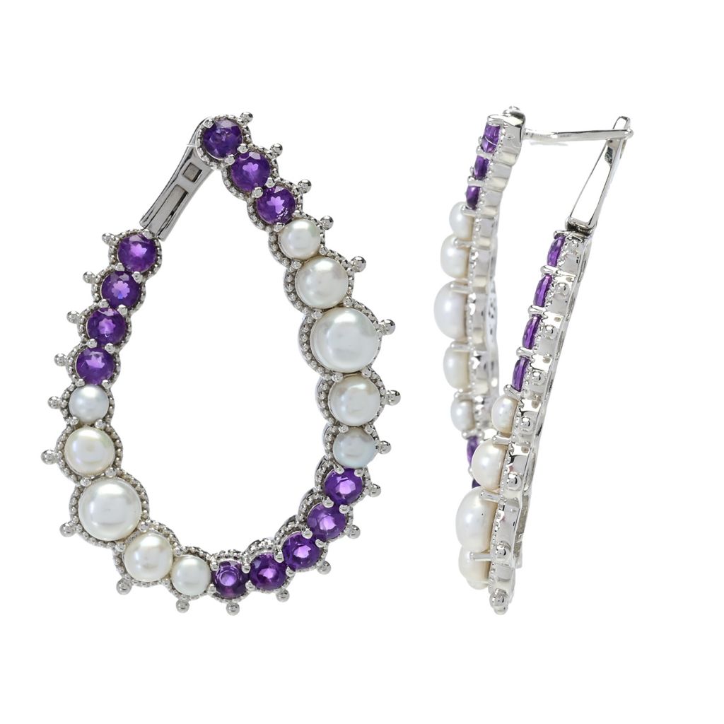 Platinum Plated Cultured Pearl & Choice of Gem Hoop Earrings