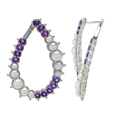 Platinum Plated Cultured Pearl & Choice of Gem Hoop Earrings