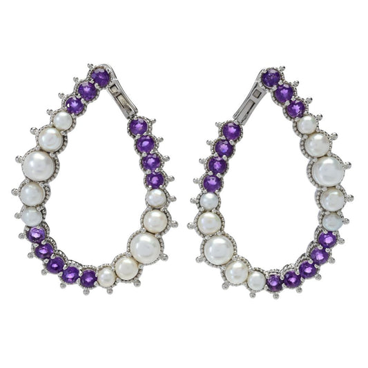 Platinum Plated Cultured Pearl & Choice of Gem Hoop Earrings