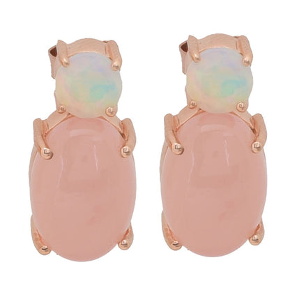 18K Gold Plated 14x10mm Oval Pink Chalcedony & Ethiopian Opal Drop Earrings