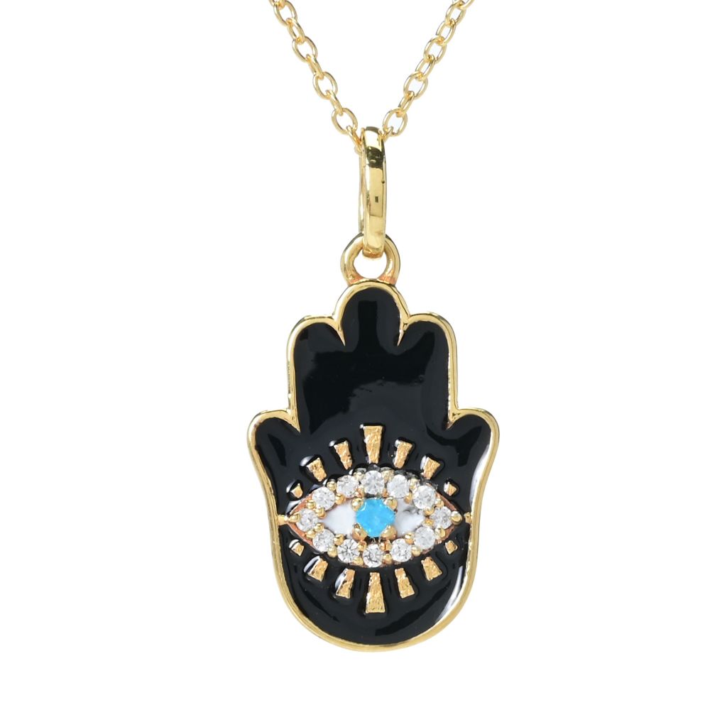 18K Gold Plated 0.19ctw Neon Apatite, Zircon & Enamel Hamsa Pendant w/ Chain