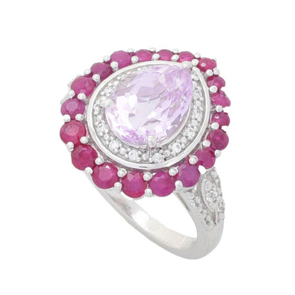 Gem Treasures 3.45ctw Kunzite, Burmese Ruby & White Zircon Halo Ring