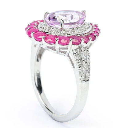 Gem Treasures 3.45ctw Kunzite, Burmese Ruby & White Zircon Halo Ring