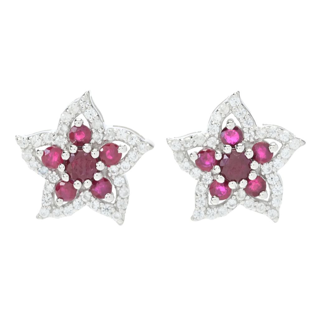 Gem Treasures Burmese Ruby & Zircon Flower Stud Earrings