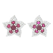 Gem Treasures Burmese Ruby & Zircon Flower Stud Earrings