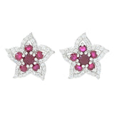 Gem Treasures Burmese Ruby & Zircon Flower Stud Earrings