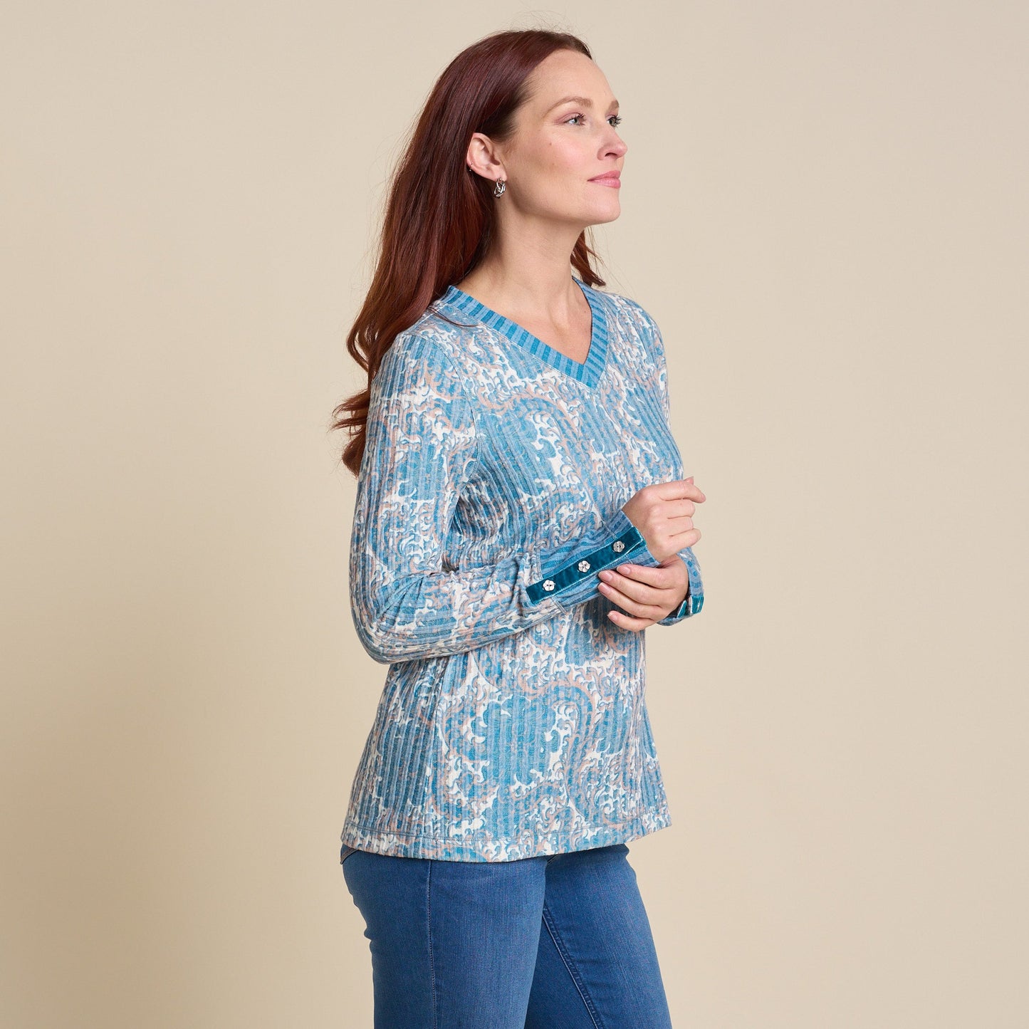 Christopher & Banks Floral Print Rib Knit Long Sleeve Tee